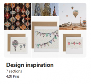 A screen shot of Zoe's Pinterest board called Design Inspiration showing images of a textile design, some beaded Christmas decorations, some hot air balloons, bunting and a birthday card with hand drawn strawberries.