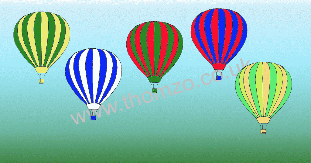 A digital design of five hot air balloons in different colours on a green and blue background.