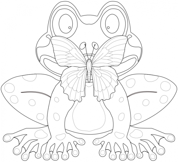 A line drawing of a butterfly sitting on the nose of a frog