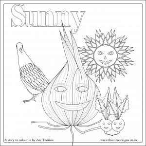 Black and white line drawing of Sunny, the onion, with a sun, a pigeon and some beetroot