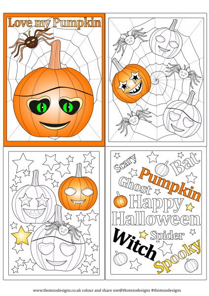 Picture of various pumpkin related images for colouring in.