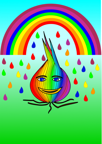 Drawing of an onion, in the colours of the rainbow with a rainbow above him and colourful rain drops.