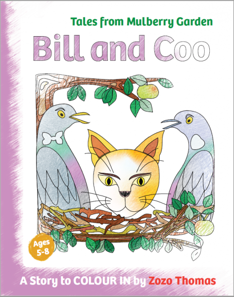 Bill and Coo front cover, featuring an image of two surprised pigeons and a cat in a nest.