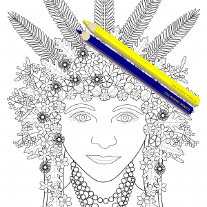 Line drawing of woman wearing a traditional Ukrainian headdress with two coloured pencils