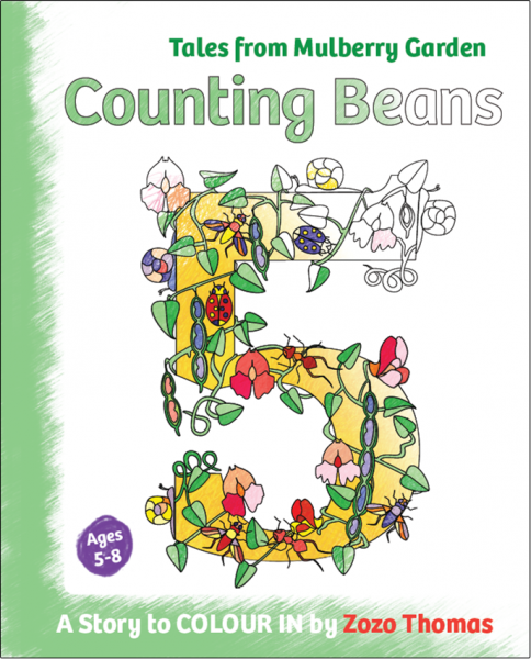 Front cover of the book, Counting Beans, showing the number five, intertwined with bean flowers and fruit and some insects