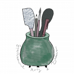 A painting of a green coloured ceramic pot containing baking utensils and paintbrushes