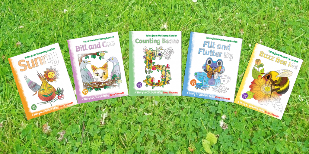 The covers of the five books in the Tales from Mulberry Garden set against a grass background