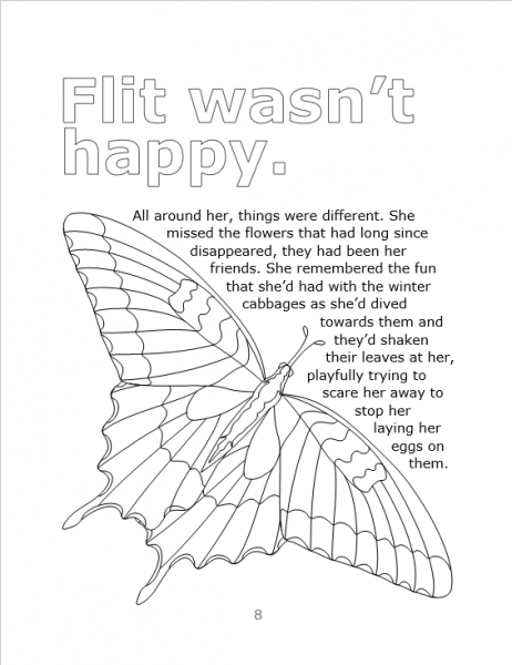 A black and white line drawing of a butterfly with some of the text from the book, Flit and Flutter By