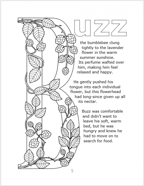 A black and white line image of a letter B embellished with blackberries and leaves, alongside text from the book, Buzz Bee Me