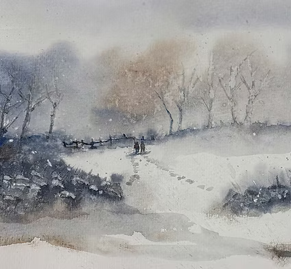 A water colour painting of a winter scene by Stuart Malaure