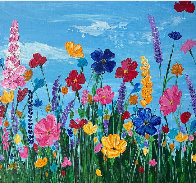 A bright, bold painting of multicoloured flowers against a blue background