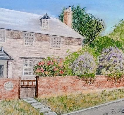 A painting of a cottage with a wall in front of it